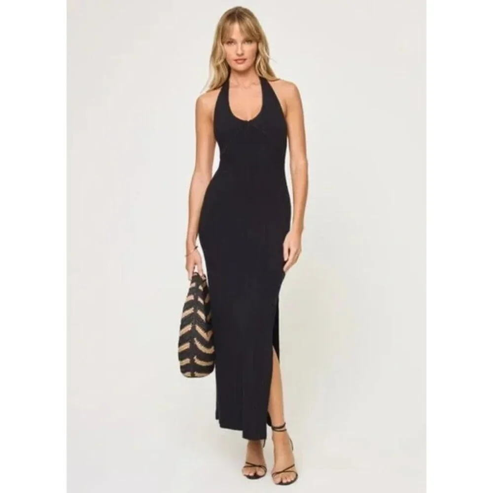 L*Space Black Bodycon Tie Halter Dress Size SM Maxi Ribbed Stretchy Casual LBD
